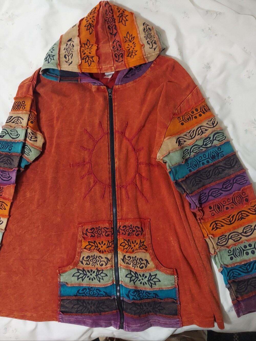 Greater Good Bohemian Sun  Hooded Jacket - Rust Multi 3xl Cotton Nepal